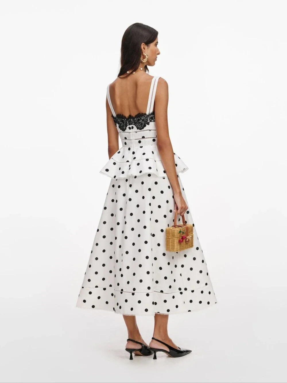 Self Portrait White Polka Dot Linen Midi Dress - Picture 3 of 16